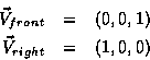 \begin{eqnarray*}\vec{V}_{front} & = & (0, 0, 1) \\
\vec{V}_{right} & = & (1, 0, 0)
\end{eqnarray*}